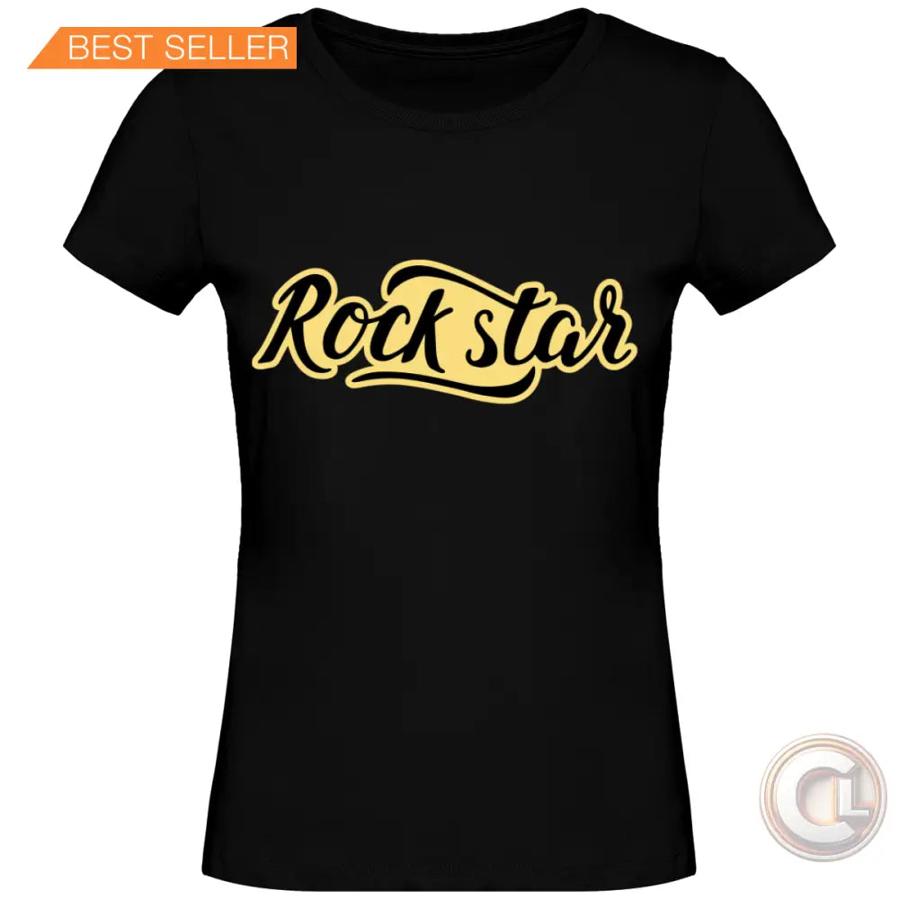 Un t-shirt noir pour femme avec l'inscription "Rock Star" en lettres stylisées jaunes-CLOOK