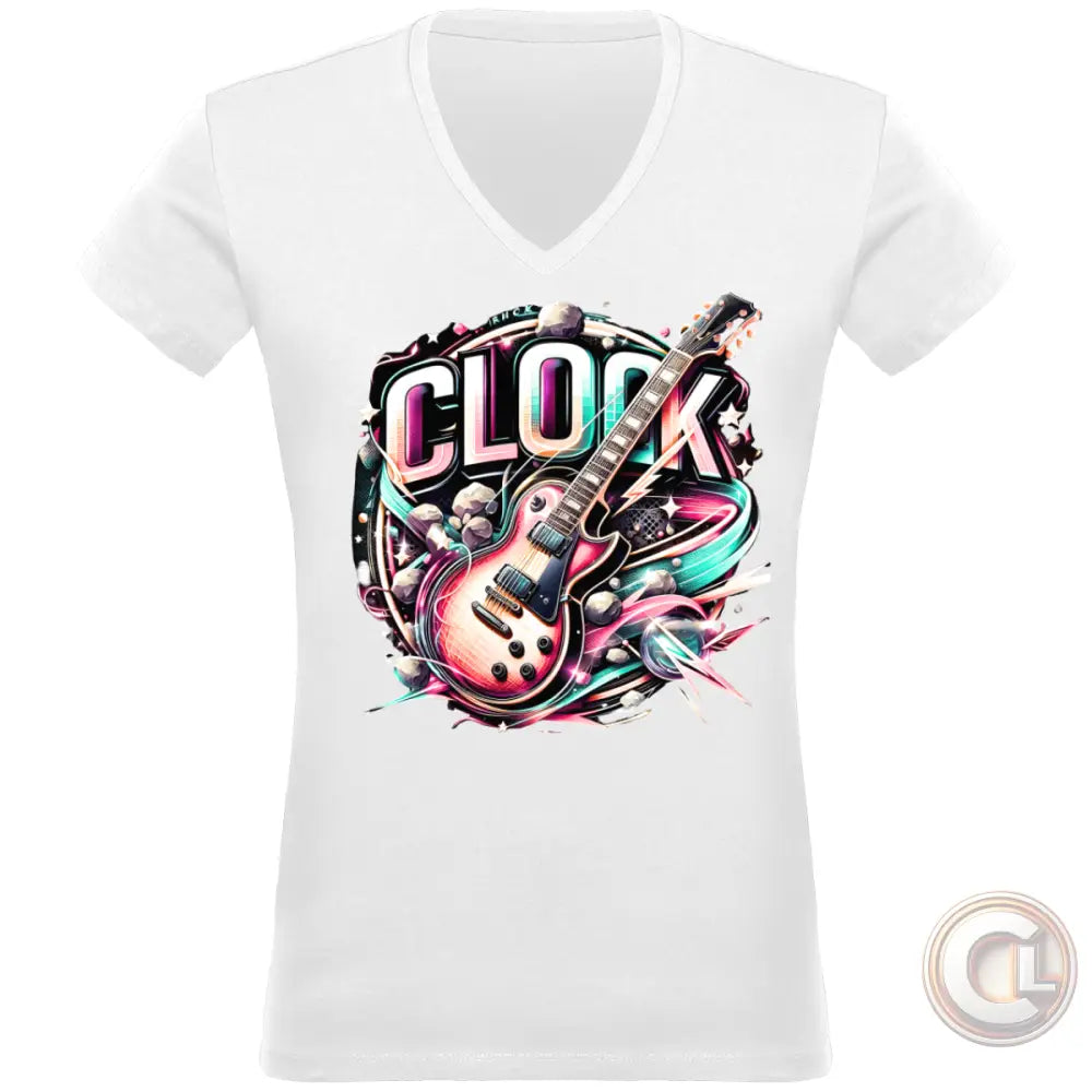 Un t-shirt blanc à col en V avec une impression colorée au centre représentant une guitare électrique entourée de motifs abstraits et du texte "CLOOK".
