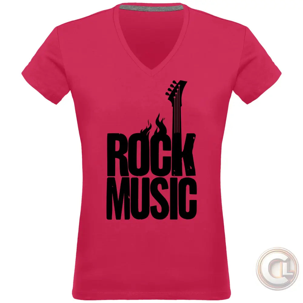 T-shirt Col V ROCK MUSIC - Fushia / S - Femme>Tee-shirts