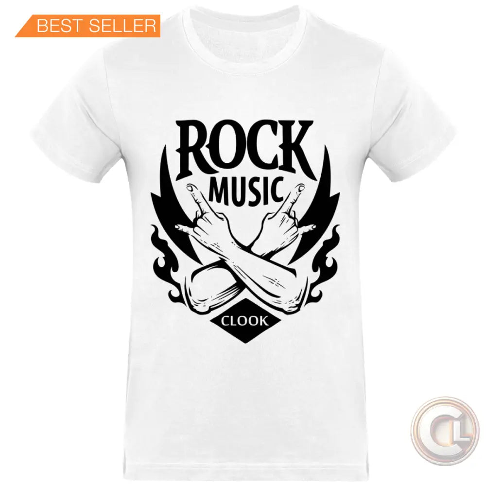 Un t-shirt blanc avec un design graphique noir au centre qui représente deux mains croisées faisant le signe du "rock on". Le texte "ROCK MUSIC" est affiché en majuscules au-dessus des mains, et le mot "CLOOK" est en dessous.