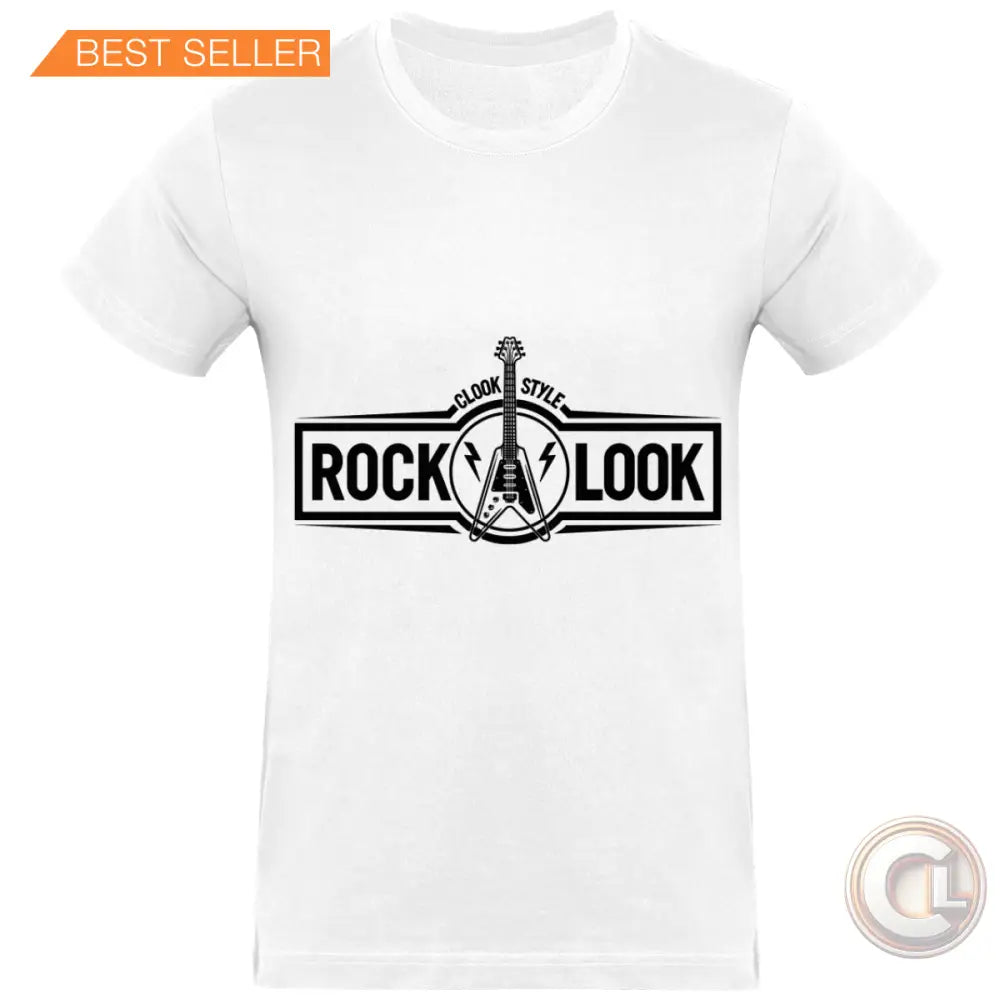 T-shirt Homme blanc avec un logo noir au centre qui dit "ROCK A LOOK" dans un design de bannière, avec les mots "CLOOK STYLE" au-dessus.