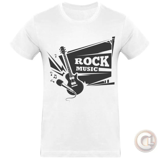 T-shirt homme col rond, de la marque CLOOK, il est blanc avec un design graphique noir qui dit "ROCK MUSIC", avec une guitare électrique et des flammes intégrées dans le texte.