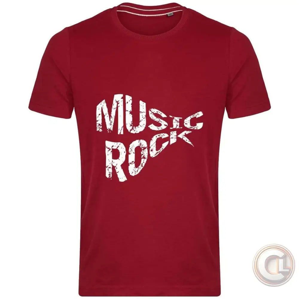 T-Shirt Vintage MUSIC ROCK - CLOOK - rouge avec l’inscription “MUSIC ROCK” en lettres blanches déchirées